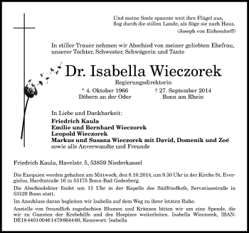 Anzeige von Isabella Wieczorek von General-Anzeiger Bonn
