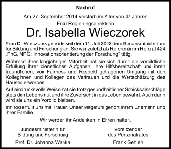 Anzeige von Isabella Wieczorek von General-Anzeiger Bonn