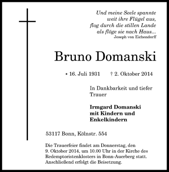 Anzeige von Bruno Domanski von General-Anzeiger Bonn