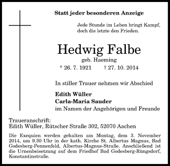 Anzeige von Hedwig Falbe von General-Anzeiger Bonn