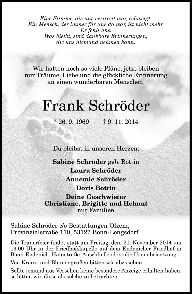  Traueranzeige für Frank Schröder vom 15.11.2014 aus General-Anzeiger Bonn