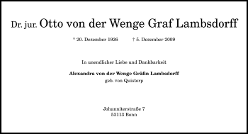 Anzeige von Otto  von der Wenge Graf Lambsdorf von General-Anzeiger Bonn