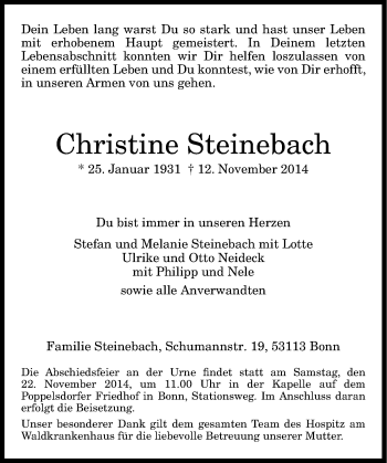 Anzeige von Christine Steinebach von General-Anzeiger Bonn