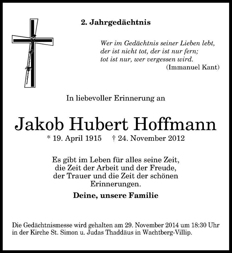  Traueranzeige für Jakob Hubert Hoffmann vom 29.11.2014 aus General-Anzeiger Bonn