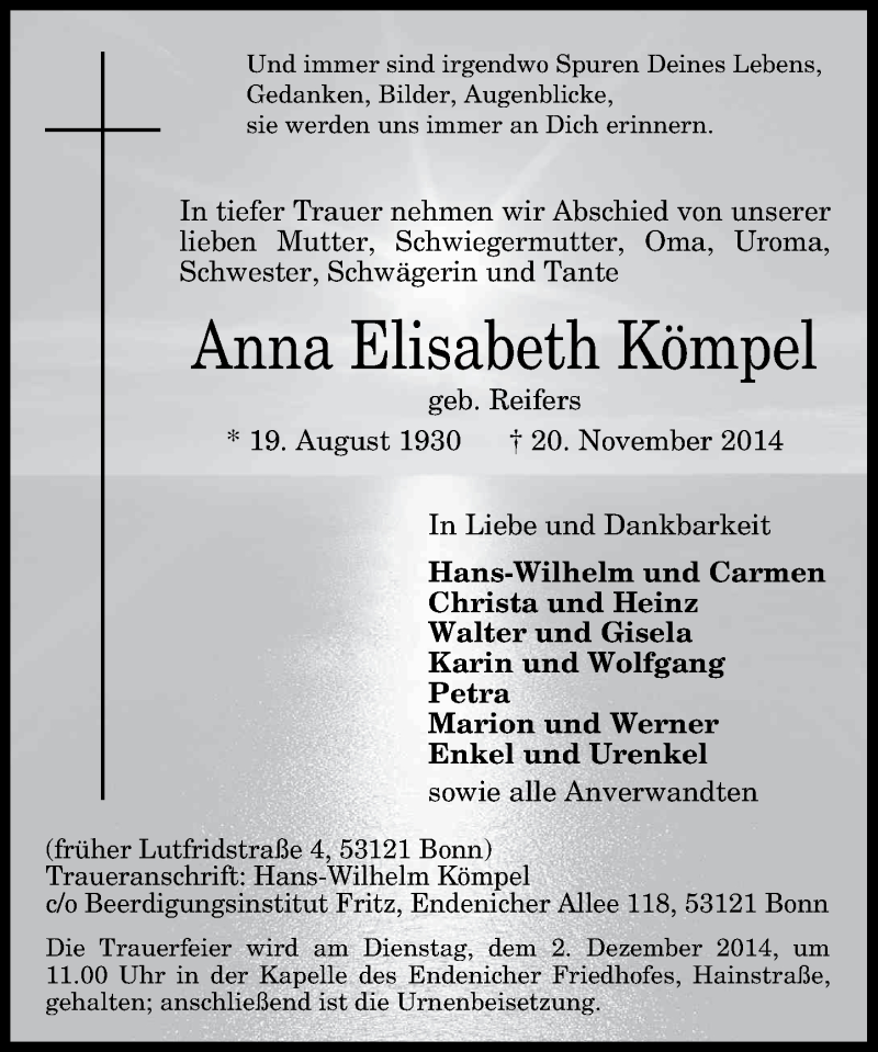  Traueranzeige für Anna Elisabeth Kömpel vom 29.11.2014 aus General-Anzeiger Bonn