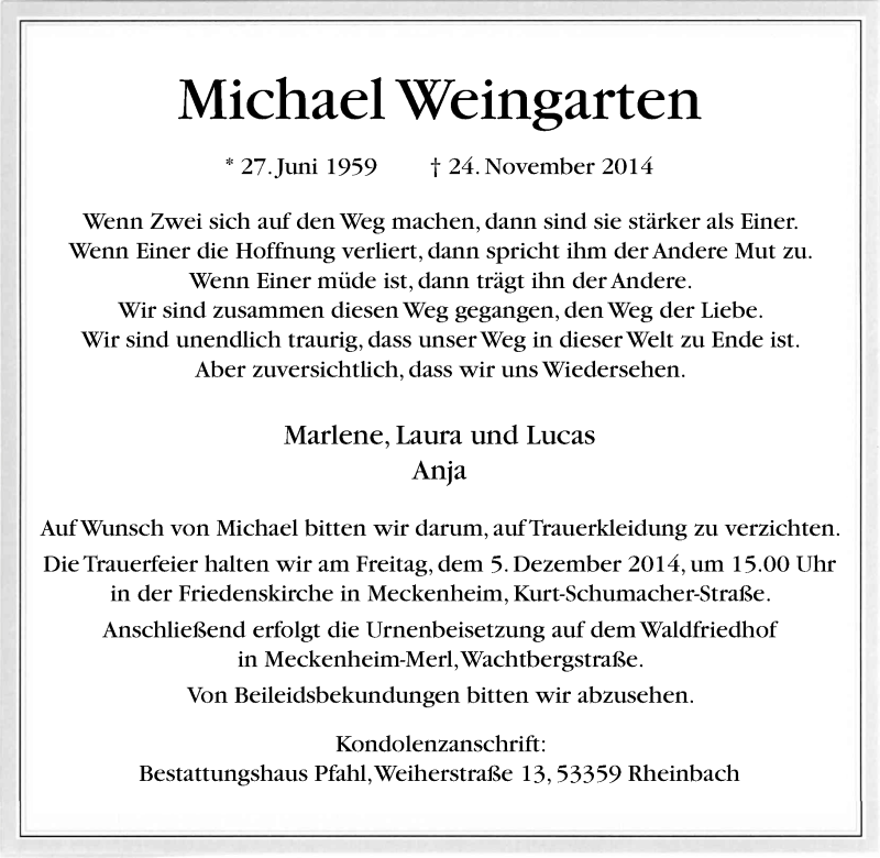  Traueranzeige für Michael Weingarten vom 29.11.2014 aus General-Anzeiger Bonn