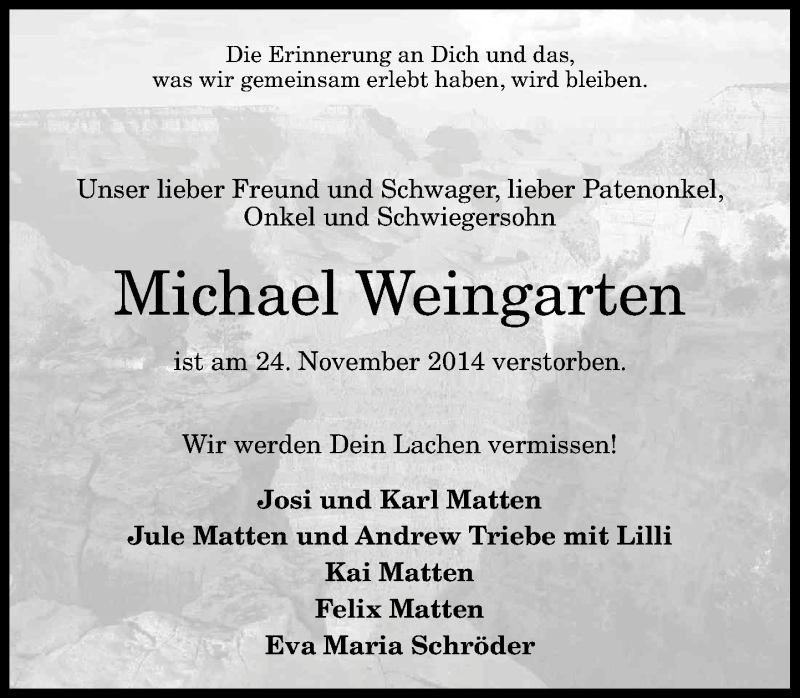  Traueranzeige für Michael Weingarten vom 29.11.2014 aus General-Anzeiger Bonn