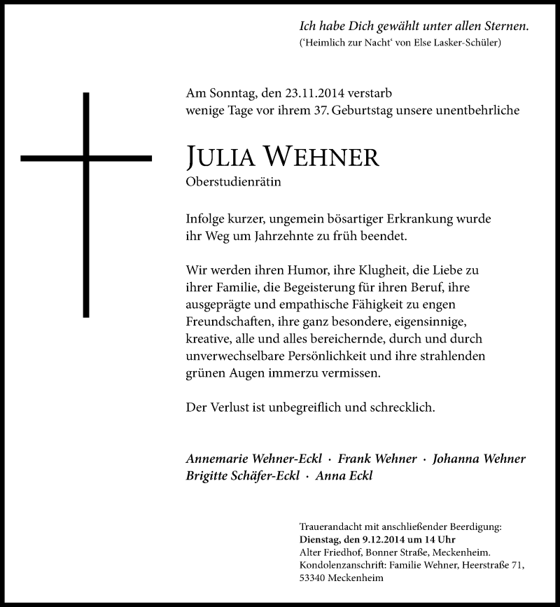  Traueranzeige für Julia Wehner vom 29.11.2014 aus General-Anzeiger Bonn