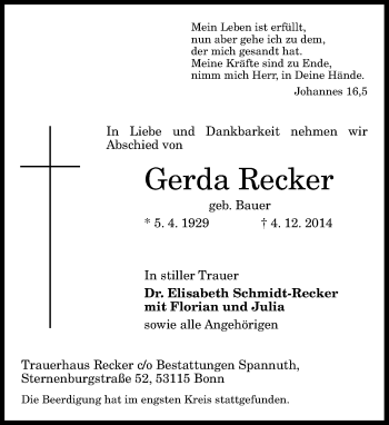 Anzeige von Gerda Recker von General-Anzeiger Bonn