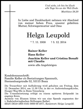 Anzeige von Helga Leupold von General-Anzeiger Bonn