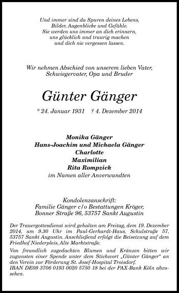 Anzeige von Günter Gänger von General-Anzeiger Bonn