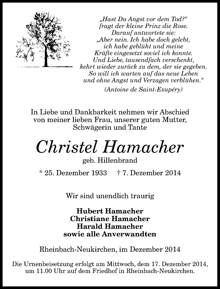  Traueranzeige für Christel Hamacher vom 13.12.2014 aus General-Anzeiger Bonn