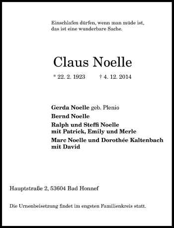 Anzeige von Claus Noelle von General-Anzeiger Bonn