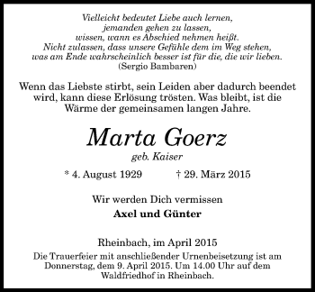 Anzeige von Marta Goerz von General-Anzeiger Bonn