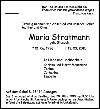 Anzeige von Maria Stratmann von General-Anzeiger Bonn