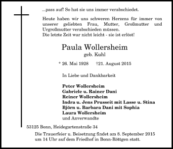 Anzeige von Paula Wollersheim von General-Anzeiger Bonn