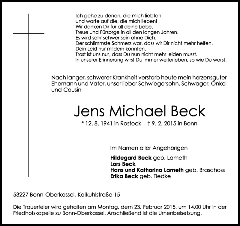  Traueranzeige für Jens Michael Beck vom 14.02.2015 aus General-Anzeiger Bonn