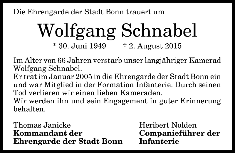  Traueranzeige für Wolfgang Schnabel vom 15.08.2015 aus General-Anzeiger Bonn