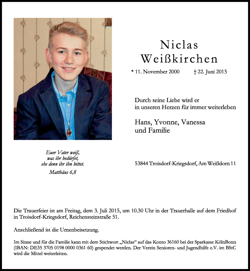  Traueranzeige für Niclas Weißkirchen vom 27.06.2015 aus General-Anzeiger Bonn