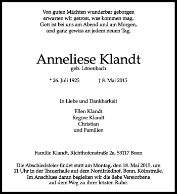 Anzeige von Anneliese Klandt von General-Anzeiger Bonn