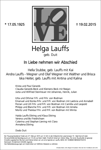 Anzeige von Helga Lauffs von General-Anzeiger Bonn