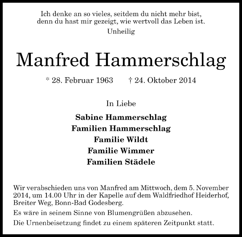  Traueranzeige für Manfred Hammerschlag vom 01.11.2014 aus General-Anzeiger Bonn