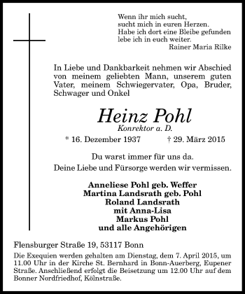Anzeige von Heinz Pohl von General-Anzeiger Bonn