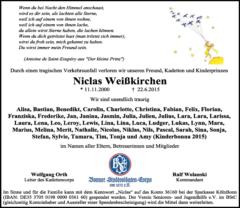  Traueranzeige für Niclas Weißkirchen vom 27.06.2015 aus General-Anzeiger Bonn