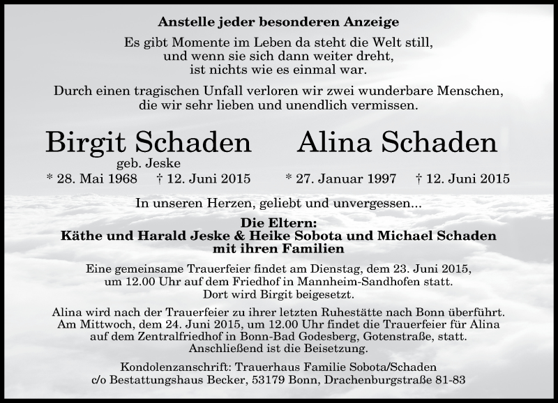  Traueranzeige für Birgit und Alina Schaden vom 20.06.2015 aus General-Anzeiger Bonn
