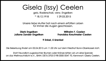 Anzeige von Gisela Ceelen von General-Anzeiger Bonn