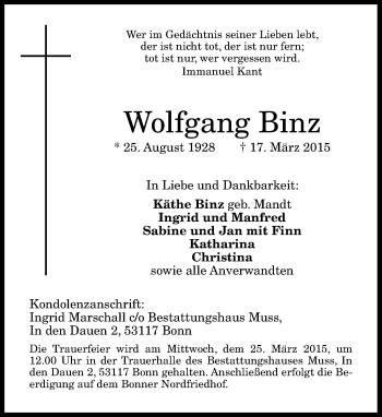 Traueranzeigen Von Wolfgang Binz | GA-Trauer.de