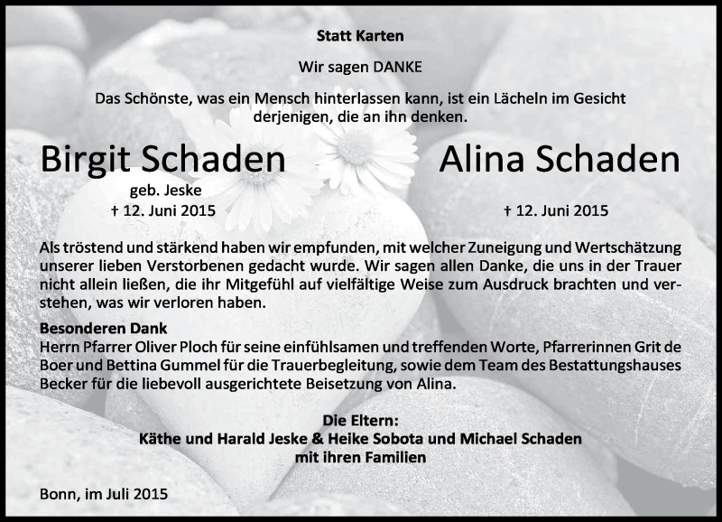  Traueranzeige für Birgit und Alina Schaden vom 04.07.2015 aus General-Anzeiger Bonn