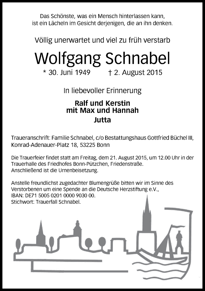  Traueranzeige für Wolfgang Schnabel vom 15.08.2015 aus General-Anzeiger Bonn