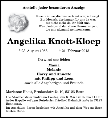 Anzeige von Angelika Knott-Kloep von General-Anzeiger Bonn