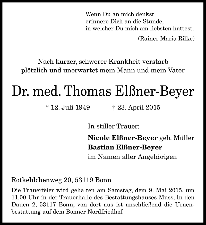  Traueranzeige für Thomas Elßner-Beyer vom 02.05.2015 aus General-Anzeiger Bonn