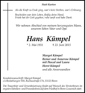 Anzeige von Hans Kümpel von General-Anzeiger Bonn