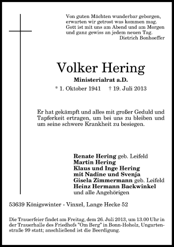 Anzeige von Volker Hering von General-Anzeiger Bonn