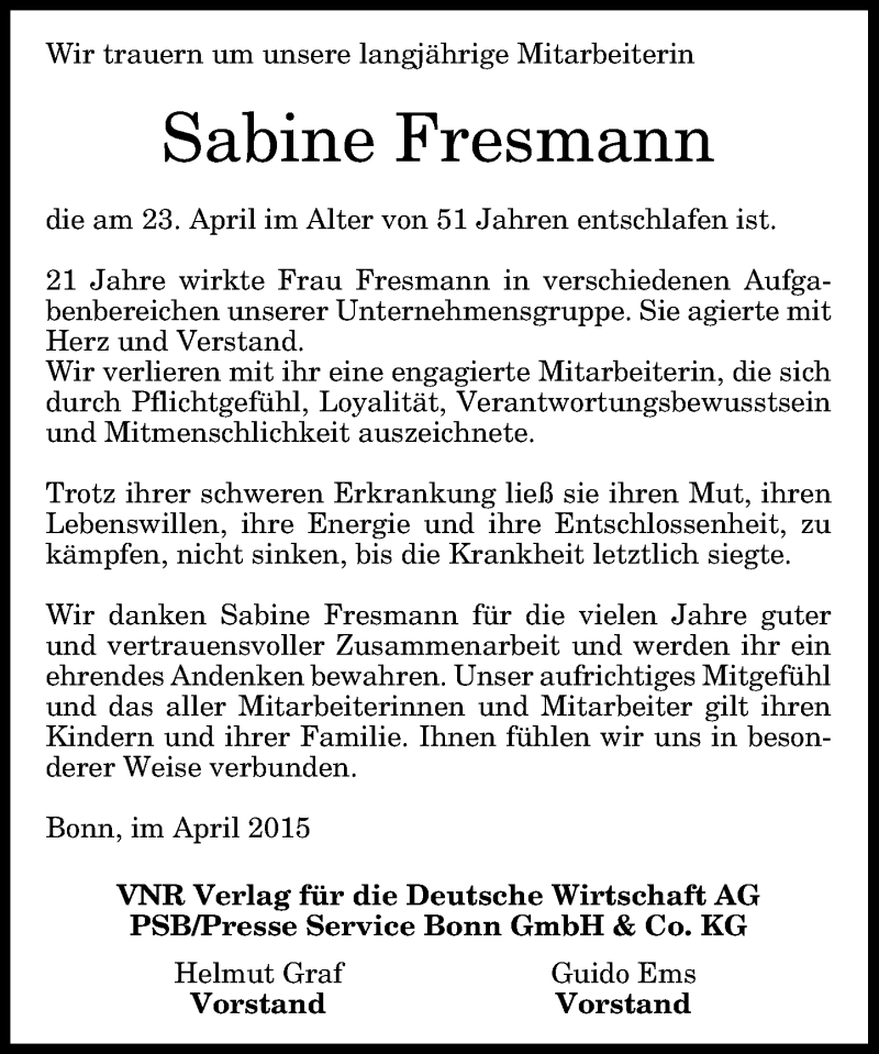  Traueranzeige für Sabine Fresmann vom 02.05.2015 aus General-Anzeiger Bonn