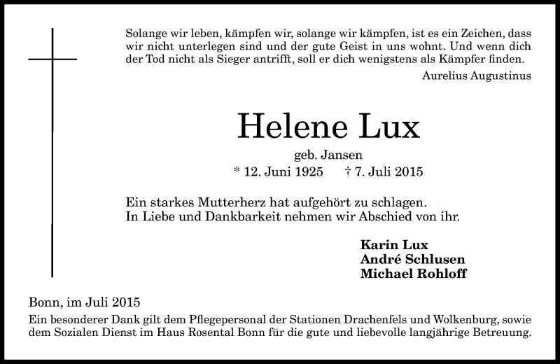  Traueranzeige für Helene Lux vom 11.07.2015 aus General-Anzeiger Bonn