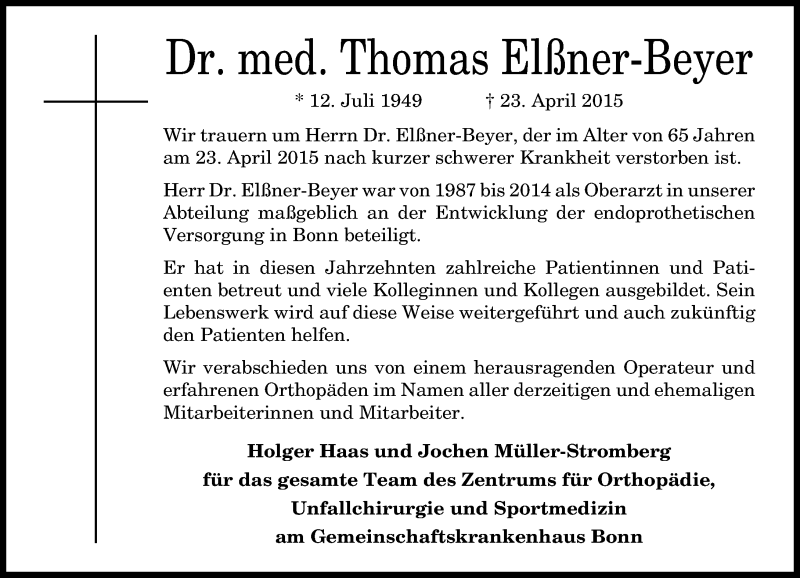  Traueranzeige für Thomas Elßner-Beyer vom 25.04.2015 aus General-Anzeiger Bonn