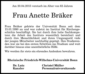 Anzeige von Anette Bräker von General-Anzeiger Bonn