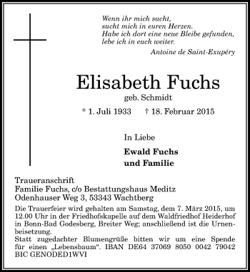 Anzeige von Elisabeth Fuchs von General-Anzeiger Bonn