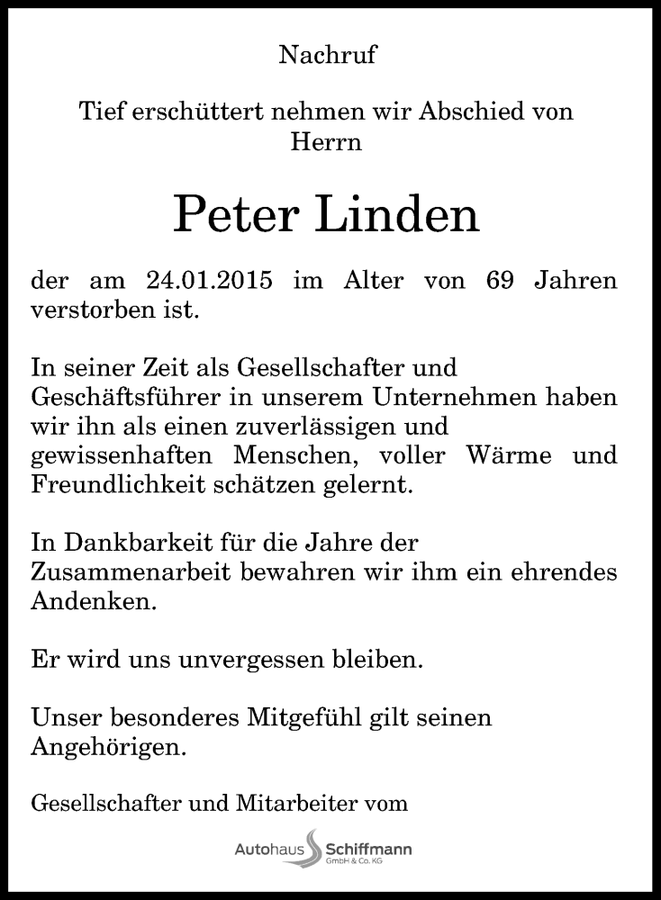  Traueranzeige für Peter Linden vom 31.01.2015 aus General-Anzeiger Bonn