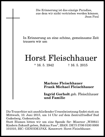 Anzeige von Horst Fleischhauer von General-Anzeiger Bonn