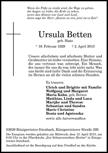 Anzeige von Ursula Betten von General-Anzeiger Bonn