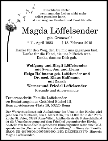 Anzeige von Magda Löffelsender von General-Anzeiger Bonn
