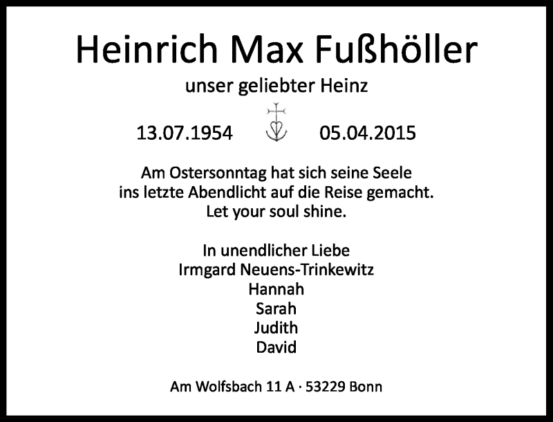  Traueranzeige für Heinrich Max Fußhöller vom 11.04.2015 aus General-Anzeiger Bonn