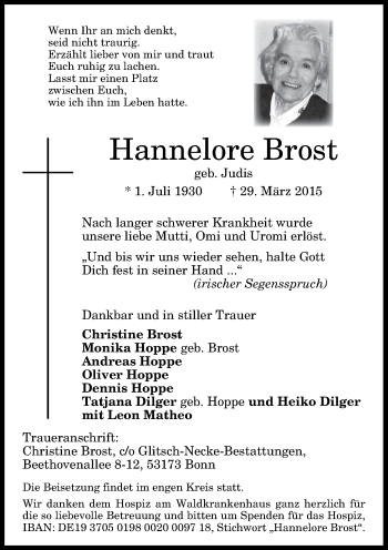 Anzeige von Hannelore Brost von General-Anzeiger Bonn