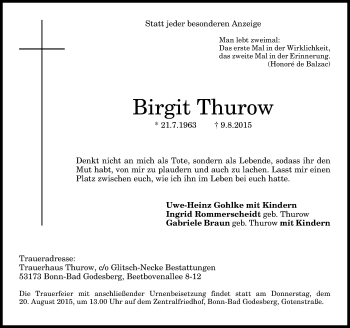Anzeige von Birgit Thurow von General-Anzeiger Bonn