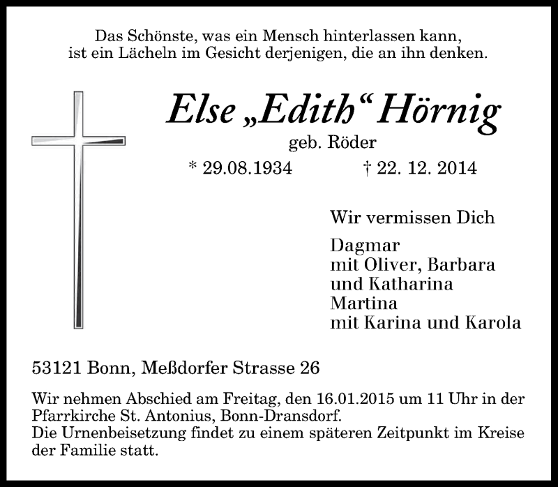  Traueranzeige für Else Hörnig vom 03.01.2015 aus General-Anzeiger Bonn